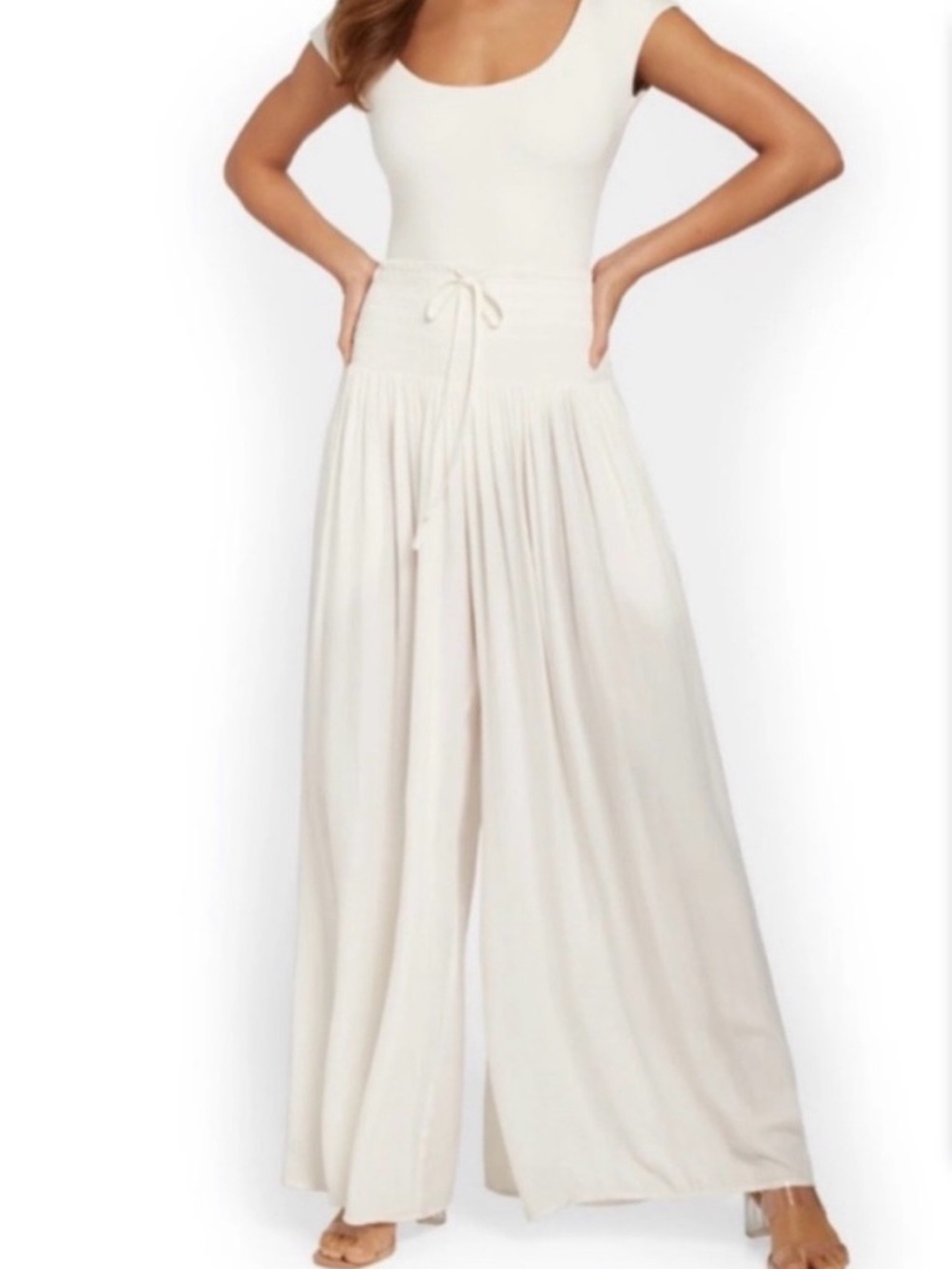 Mustard Seed Cream Wide-Leg Palazzo Flowy Pants Elastic Tie High Waist